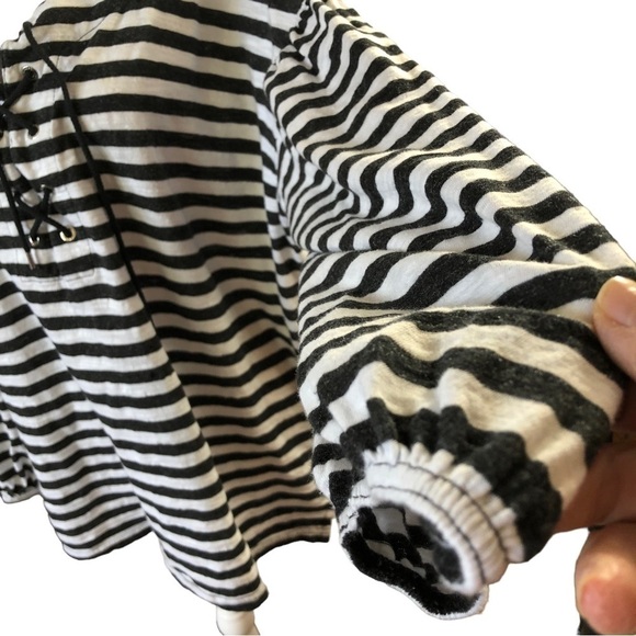 Chaps Breton Sailor Style Popover Top Women L Black White Stripe - Picture 4 of 9